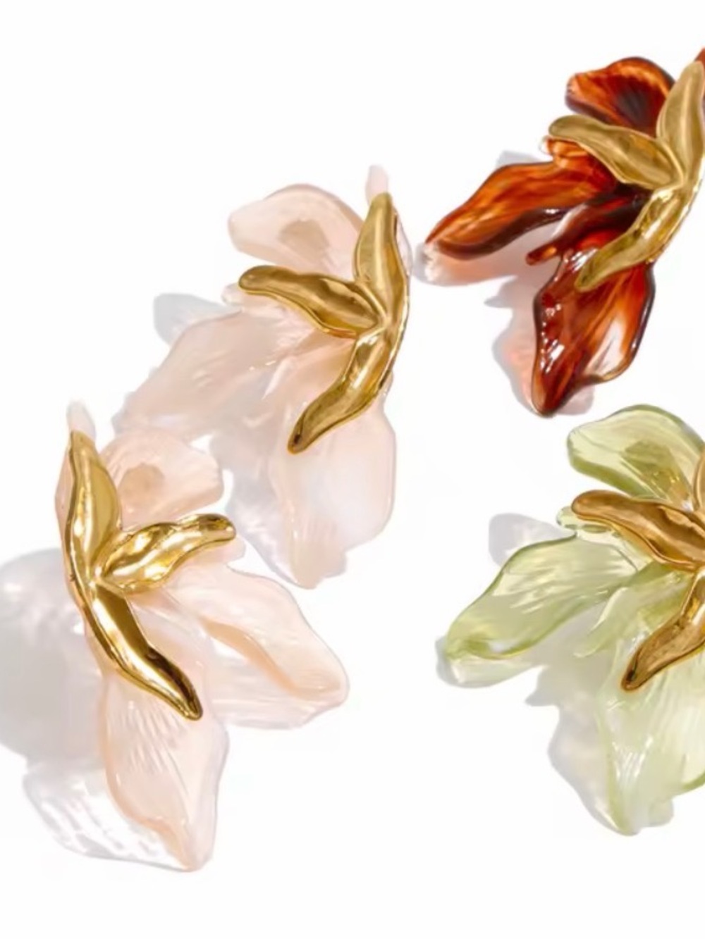 Gold tone and Pearl Pink Floral Petal Drop Earrings - Picture 9 of 11